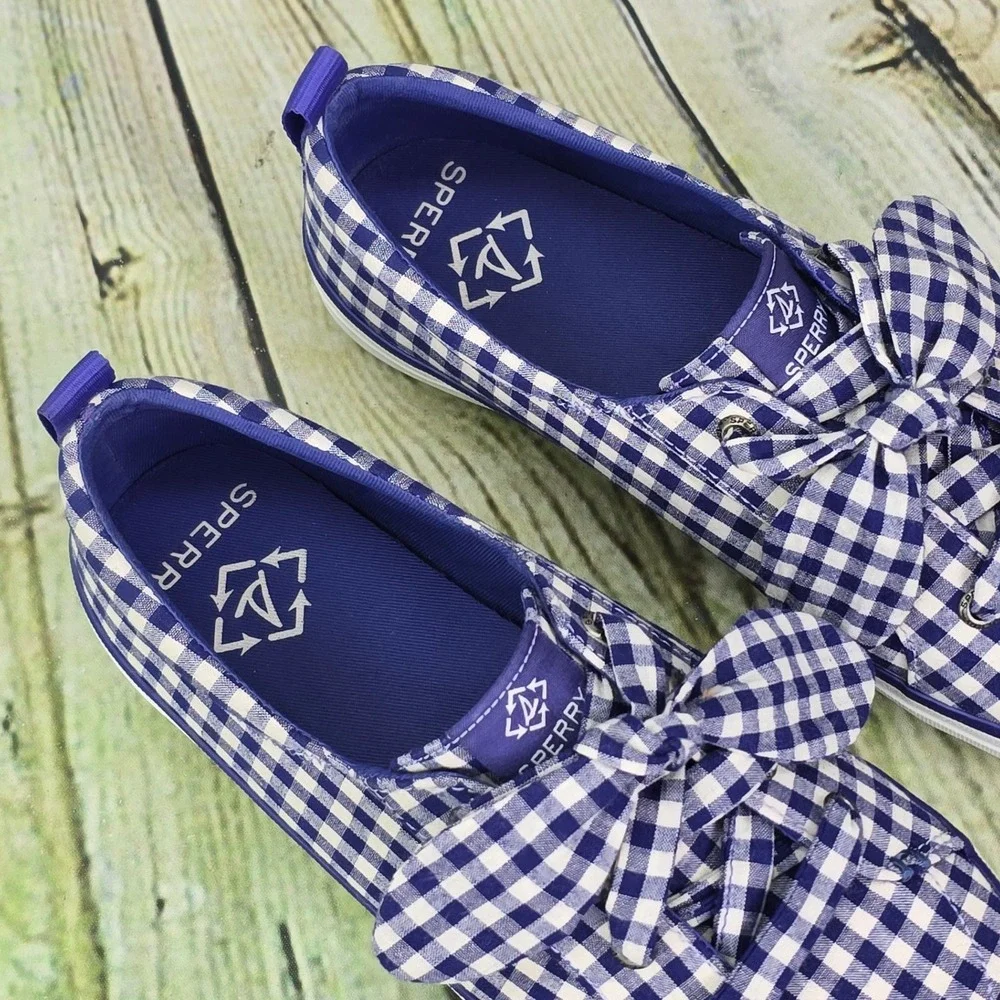 Sperry Crest Vibe Gingham Bow Sneakers Womens 9 Blue White Checkered STS88726